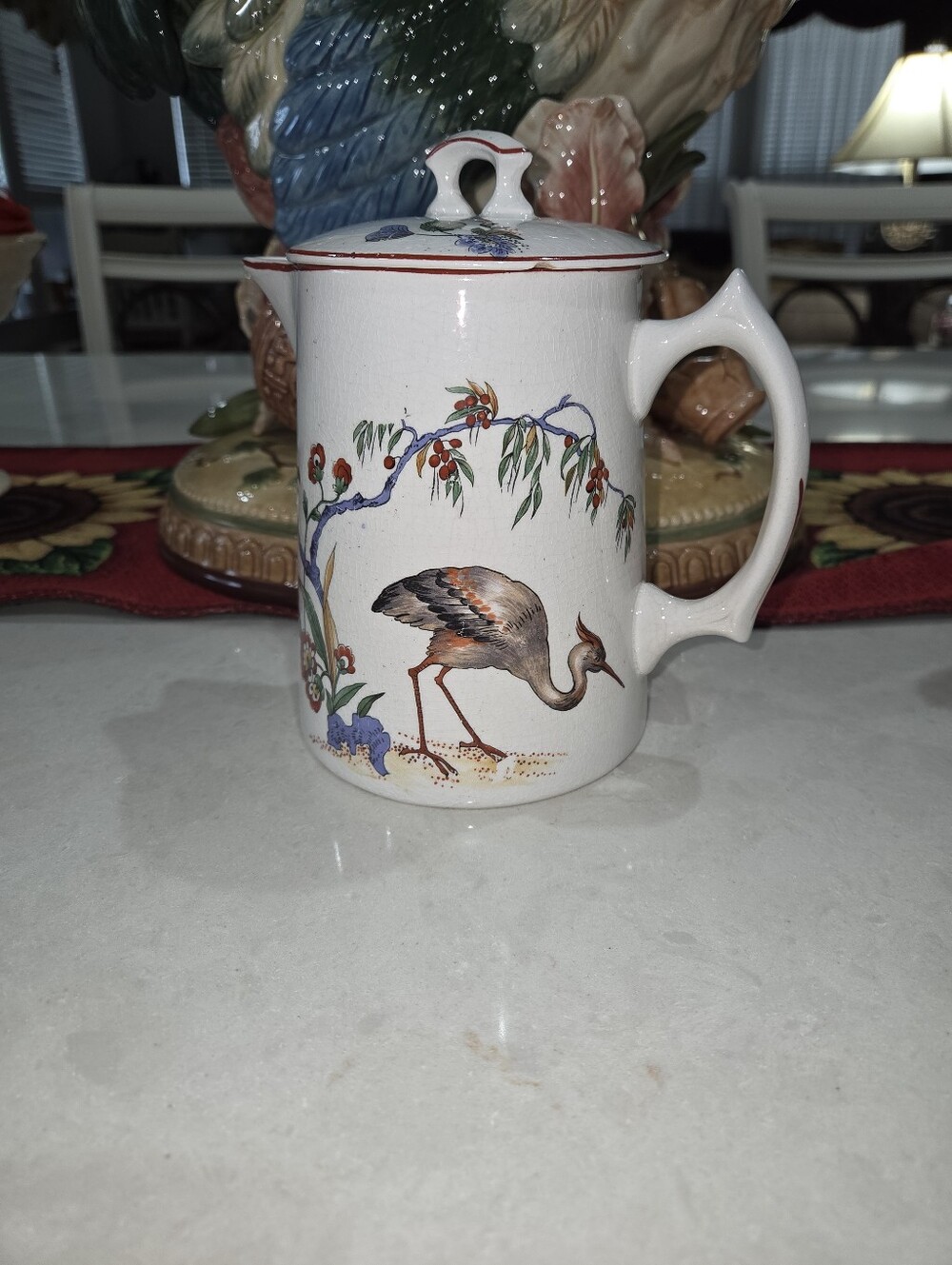 White Ceramic Lidded Tea Pitcher with Crane Motif